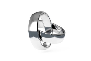 3D görüntüleme, iki gerçekçi çiftin beyaz arka planda izole edilmiş alyansını kapat..