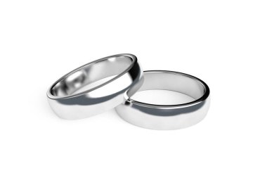 3D görüntüleme, iki gerçekçi çiftin beyaz arka planda izole edilmiş alyansını kapat..