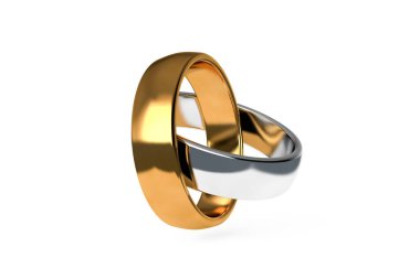 3D görüntüleme, iki gerçekçi çiftin yakın görüntüsü gümüş ve altın alyans, beyaz arka planda izole..