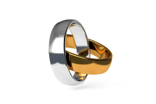 3Dレンダリング 白の背景に隔離された2つの現実的なカップルの銀と金のウェディングリングのクローズアップビュー — ストック写真