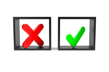 Yeşil işaretleme listesinin 3d görüntülenmesi ve siyah seçenek çerçevesi, başarı ve başarısızlık kavramı ile kırmızı işaret seçimi, beyaz arkaplanda izole.