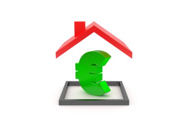 Kırmızı çatının 3D rendelenmesi, güvenli ve emniyetli. Siyah çerçeveli, beyaz arkaplanda izole edilmiş, euro tabelalı..