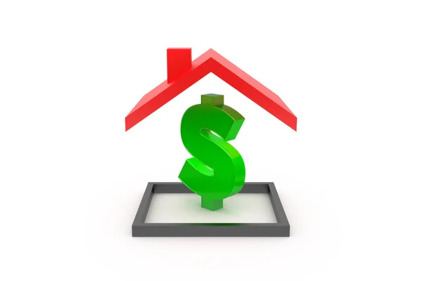三维渲染红色屋顶 安全可靠 财务概念上有美元标志 黑色框架 白色背景隔离 — 图库照片