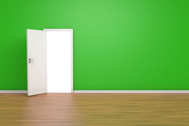 3D görüntüleme, oda konsepti, yeşil duvarlı ön kapı manzarası..