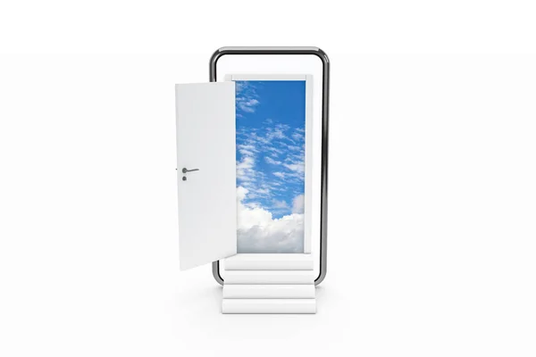 3D渲染 从站着智能手机的屏幕到楼上多云的天空的敞开的门的前视图 被白色背景隔离 — 图库照片