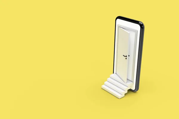 Renderowanie Widok Przodu Otwarte Drzwi Ekranu Stojącego Smartfona Schodów Górę — Zdjęcie stockowe