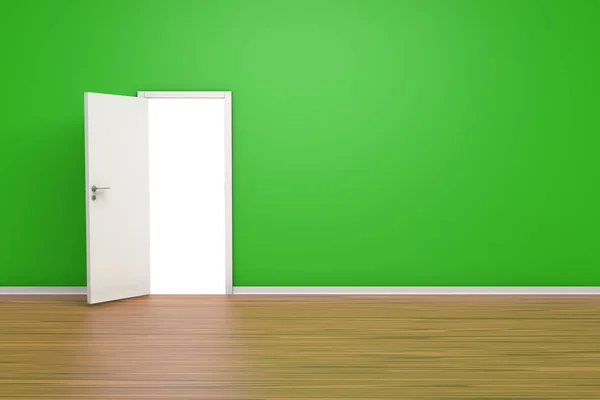 3d rendering, room concept, front perspective view of open door with green wall indoor.