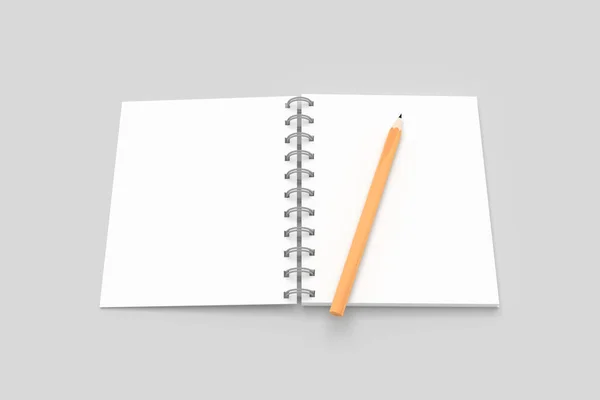 空のノートブックモックアップテンプレートを鉛筆で3Dレンダリングし テキストや図面のためのスペースをコピーし 白い背景に隔離 — ストック写真