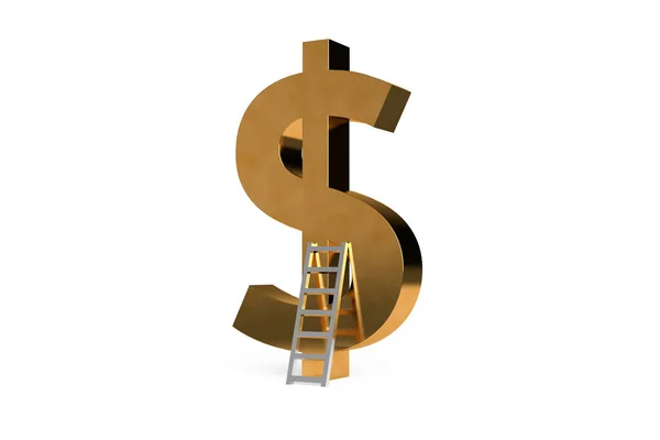 Rendering Vooraanzicht Van Gouden Kleur Dollarteken Met Zilveren Trap Ladder — Stockfoto