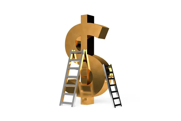 Rendering Vooraanzicht Van Gouden Kleur Dollarteken Met Zilveren Trap Ladder — Stockfoto