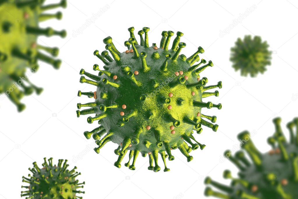 3d rendering, close up view of corona virus 2019-nCov which is dangerous flu cases as pandemic, isolated on white background.