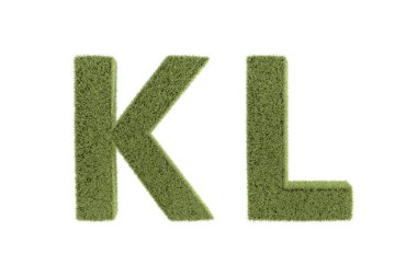 3D görüntüleme, büyük harf yeşil çimen harflerinin ön görünümü, tasarımınız için doğa yazı tipi, beyaz arkaplanda izole edilmiş..