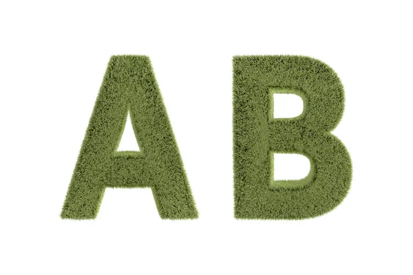 3D渲染 大写字母绿草字母块的前视图 自然字体为您的设计 隔离在白色背景 — 图库照片