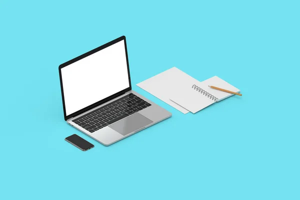 Renderização Vista Modelo Mock Laptop Com Tela Branco Caderno Papel — Fotografia de Stock