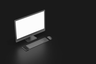 3d görüntüleme, boş ekran ekranlı bilgisayar görüntüsü, siyah arkaplan üzerinde izole edilmiş klavye ve cep telefonu ile maket yapın.