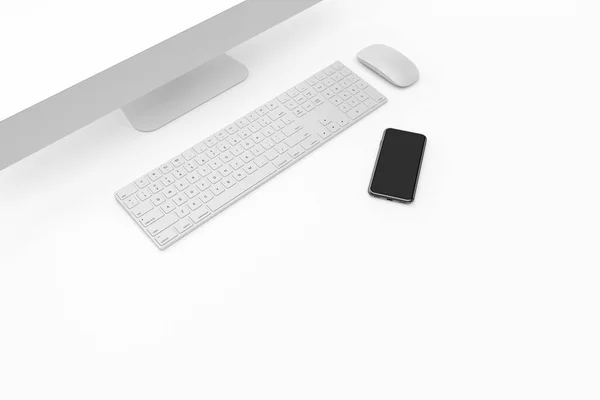 3Dレンダリング 白の背景に隔離された空のモニター画面モックアップとキーボードと携帯電話で設定されたコンピュータのビュー — ストック写真