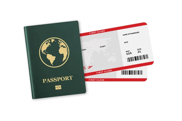 3D绿色 现实的国际护照证件图例 附有全球旅行证件 附有机票 背景为白色 图库图片