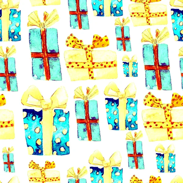 Nahtloses Muster mit handgezeichneten Aquarell-Geschenken mit Schleife. Weihnachtlicher Hintergrund. Party oder Geburtstagsdesign. wiederholbares Neujahrsmuster. kann für Textildruck, Verpackung, Tapete, Verpackung verwendet werden. — Stockfoto