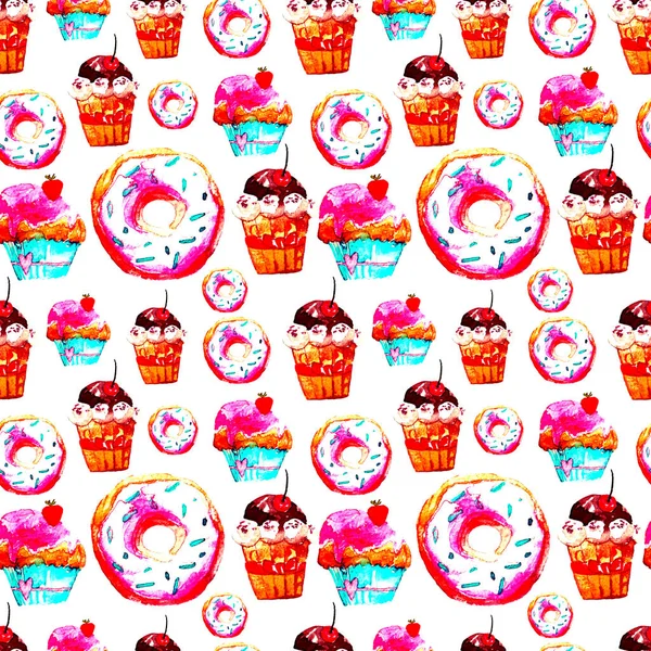 Sweet Seamless Pattern with Cakes, Donuts and Ice-cream. Appetizing Background for Design of Menu, Invitations, Pages of a Cookbook. Wonderful Print for Wrapping Paper, Fabric, Tiles, Wallpaper — Stock Photo, Image