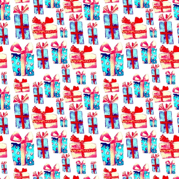 Patrón sin costura con regalos de acuarela dibujados a mano con arco. Fondo de Navidad. Diseño de fiesta o cumpleaños. Patrón de Año Nuevo Repetible. Puede ser utilizado para la impresión textil, embalaje, papel pintado, envoltura . —  Fotos de Stock