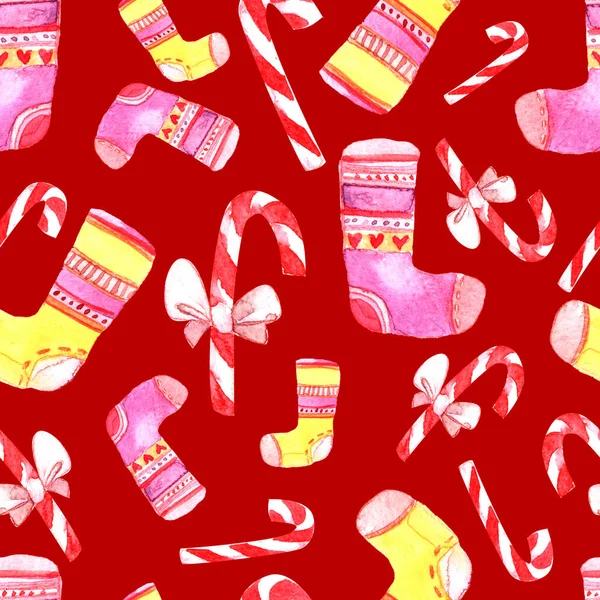 Mooie naadloze Kerst patroon. Aquarel illustratie van de hand getrokken. Achtergrond voor uw ontwerp van wenskaarten, uitnodigingen, Poster. Prachtige Print voor inpakpapier, stof, tegels, behang — Stockfoto