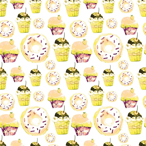 Søde sømløse mønster med kager, donuts og is. Appetitvækkende Baggrund for Design af Menu, Invitationer, Sider i en Kogebog. Vidunderligt print til indpakningspapir, stof, fliser, tapet - Stock-foto