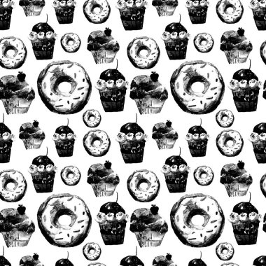 Kek, çörek ve dondurma tatlı Seamless modeli. Bir yemek kitabı menü, Davetiyeler, sayfalarınızın tasarım için iştah açıcı arka plan. Harika baskı ambalaj kağıt, kumaş, fayans, duvar kağıdı