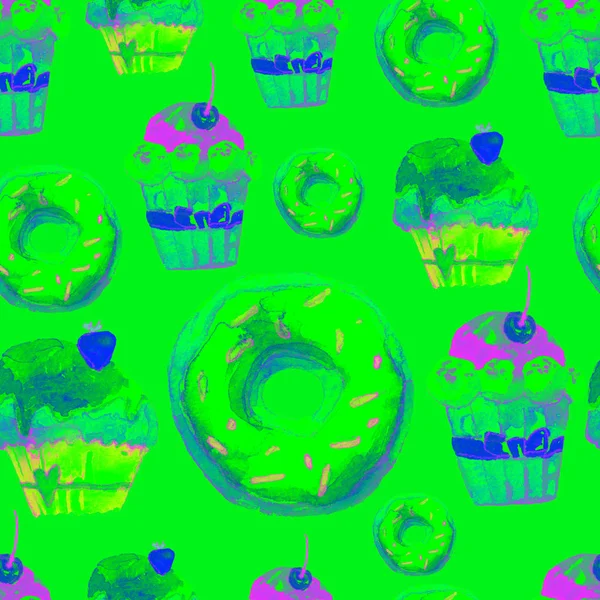 Süße nahtlose Muster mit Kuchen, Donuts und Eis. appetitanregender Hintergrund für die Gestaltung von Menüs, Einladungen, Seiten eines Kochbuchs. wunderbarer Druck für Packpapier, Stoff, Fliesen, Tapeten — Stockfoto