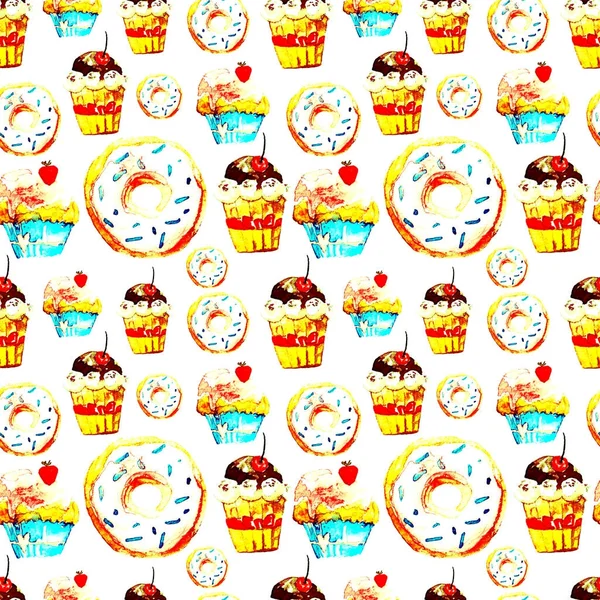 Süße nahtlose Muster mit Kuchen, Donuts und Eis. appetitanregender Hintergrund für die Gestaltung von Menüs, Einladungen, Seiten eines Kochbuchs. wunderbarer Druck für Packpapier, Stoff, Fliesen, Tapeten — Stockfoto