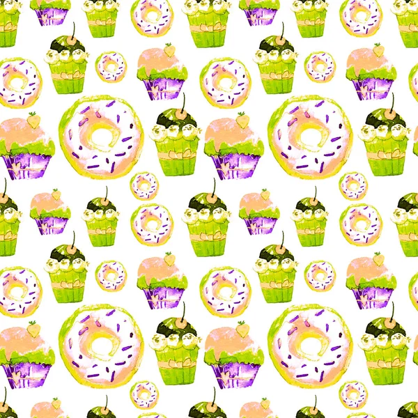 Zoete naadloze patroon met taarten, Donuts en consumptie-ijs. Smakelijk achtergrond voor het ontwerp van de Menu, uitnodigingen, pagina's van een kookboek. Prachtige Print voor inpakpapier, stof, tegels, behang — Stockfoto