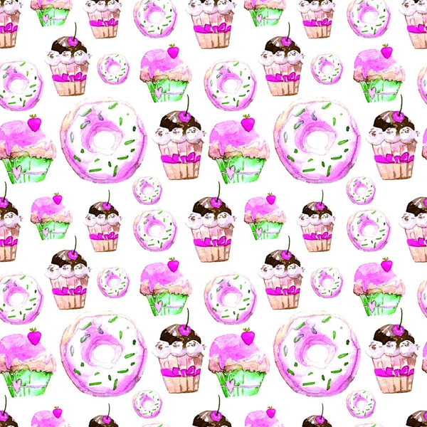 Sweet Seamless Pattern with Cakes, Donuts and Ice-cream. Appetizing Background for Design of Menu, Invitations, Pages of a Cookbook. Wonderful Print for Wrapping Paper, Fabric, Tiles, Wallpaper — Stock Photo, Image