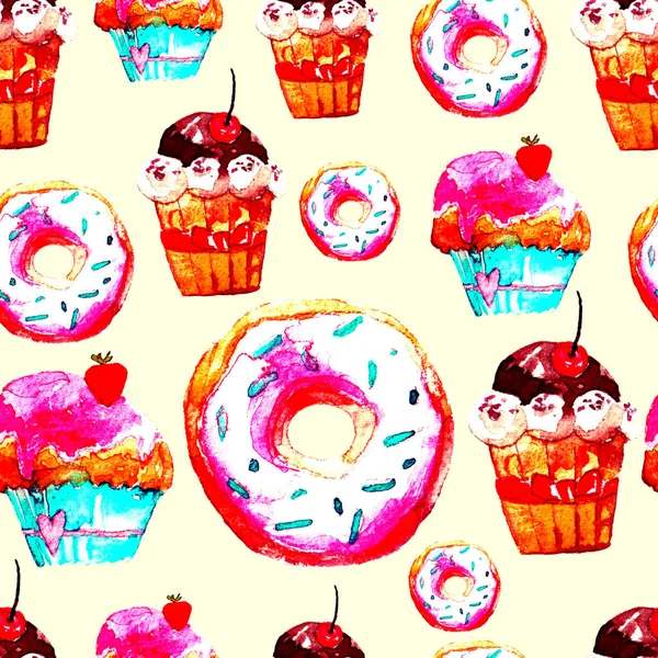 Sweet Seamless Pattern with Cakes, Donuts and Ice-cream. Appetizing Background for Design of Menu, Invitations, Pages of a Cookbook. Wonderful Print for Wrapping Paper, Fabric, Tiles, Wallpaper — Stock Photo, Image