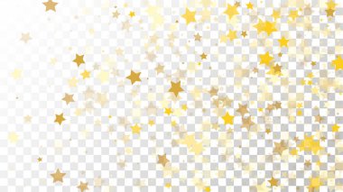 Arka plan birçok rasgele düşen altın yıldız konfeti şeffaf arka plan ile. Davet arka plan.