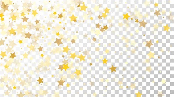 Abstrakter Hintergrund mit vielen zufällig fallenden goldenen Sternen Konfetti auf transparentem Hintergrund. Hintergrund der Einladung. — Stockvektor