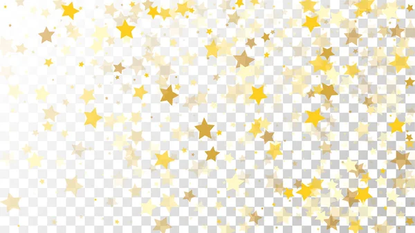 Fondo abstracto con muchas estrellas doradas que caen al azar Confetti sobre fondo transparente. Antecedentes de invitación . — Vector de stock