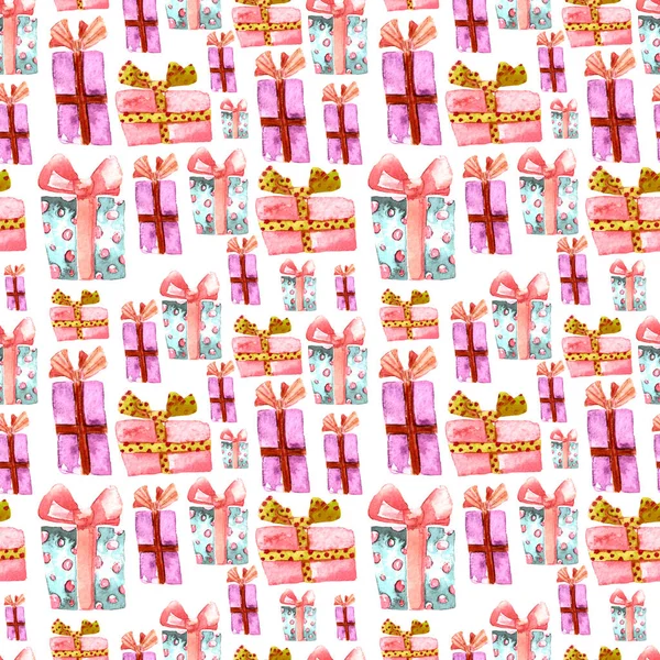 Seamless Pattern with Hand Drawn Watercolor Gifts with Bow. Christmas Background. Party or Birthday Design. Repeatable New Year Pattern. Can be used For Textile Print, Packaging, Wallpaper, Wrapper. — Stock Photo, Image