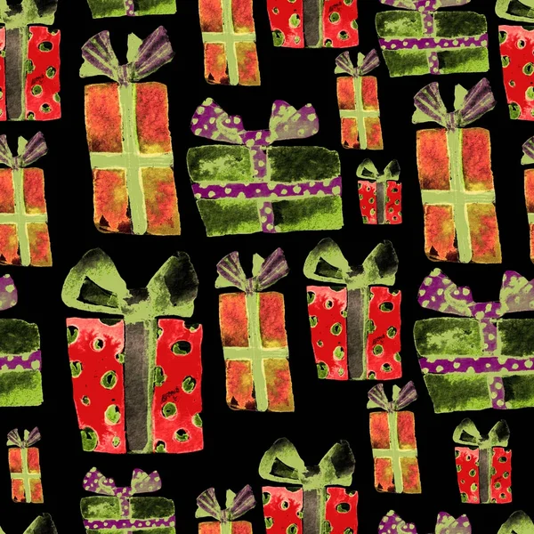 Patrón sin costura con regalos de acuarela dibujados a mano con arco. Fondo de Navidad. Diseño de fiesta o cumpleaños. Patrón de Año Nuevo Repetible. Puede ser utilizado para la impresión textil, embalaje, papel pintado, envoltura . — Foto de Stock