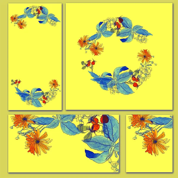 秋花花环: 紫菀、菊花、绣球、玫瑰船。水彩手绘背景, 圆框为您设计。秋季花卉设计邀请卡, 纺织印刷品, 海报. — 图库照片