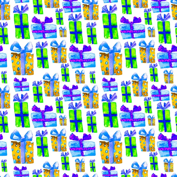 Seamless mönster med Hand dras akvarell gåvor med rosett. Jul bakgrund. Fest eller födelsedag Design. Repeterbara nyår mönster. Kan vara används för textil Print, förpackningar, tapeter, Wrapper. — Stockfoto