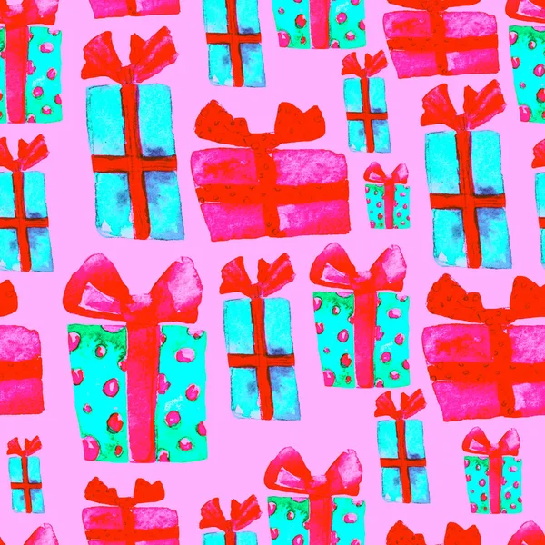 원활한 패턴 손으로 그려진 활과 수채화 선물. 크리스마스 배경입니다. 파티 또는 생일 디자인입니다. 새 해 반복 패턴입니다. 사용된 섬유 인쇄, 포장, 벽지, 래퍼 수 있습니다.. — 스톡 사진