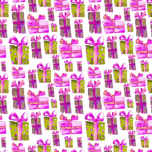 Nahtloses Muster mit handgezeichneten Aquarell-Geschenken mit Schleife. Weihnachtlicher Hintergrund. Party oder Geburtstagsdesign. wiederholbares Neujahrsmuster. kann für Textildruck, Verpackung, Tapete, Verpackung verwendet werden. — Stockfoto