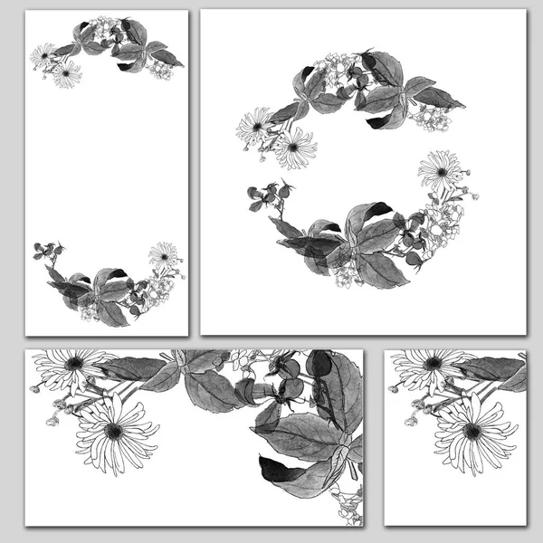 秋の花の花輪: アスター、菊、アジサイ、バラ船。水彩手描画の背景、あなたの設計のためのサークル フレーム。招待カード、テキスタイル プリント、ポスターの秋の花のデザイン. — ストック写真