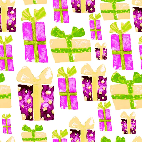 Seamless Pattern with Hand Drawn Watercolor Gifts with Bow. Christmas Background. Party or Birthday Design. Repeatable New Year Pattern. Can be used For Textile Print, Packaging, Wallpaper, Wrapper. — Stock Photo, Image