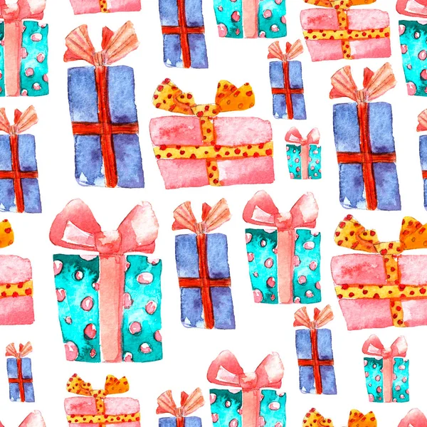 Padrão sem costura com mão desenhado presentes aquarela com arco. Fundo de Natal. Festa ou Aniversário Design. Padrão de Ano Novo Repetível. Pode ser usado para impressão têxtil, embalagem, papel de parede, envoltório . — Fotografia de Stock