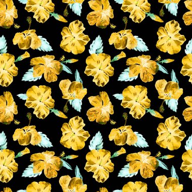 Sulu Boya Dikişsiz desen. El çizimi tropikal yaprak ve çiçek boyalı. Tropic yaz Motif Hibiscus desenli.