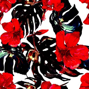 Sulu Boya Dikişsiz desen. El çizimi tropikal yaprak ve çiçek boyalı. Tropic yaz Motif Hibiscus desenli.