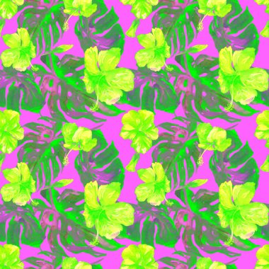  Sulu Boya Dikişsiz desen. El boyalı tropikal yaprak ve Flowers.Tropic yaz motifi ile Hawaiian çiçek çizimi 
