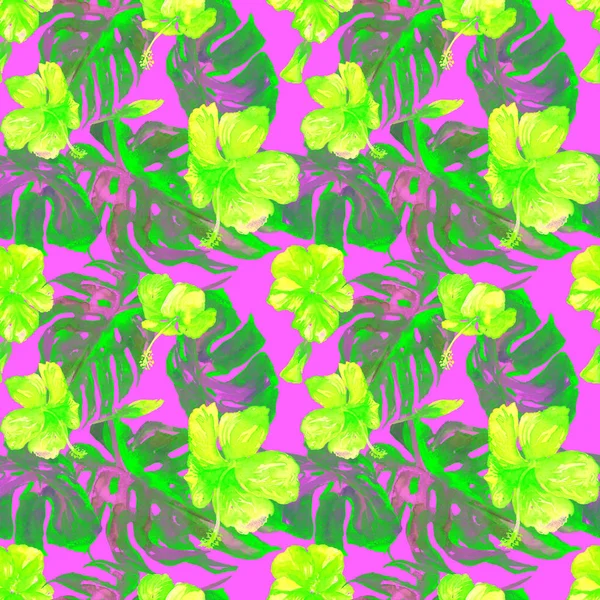 Aquarell nahtloses Muster. handgemalte Illustration tropischer Blätter und Blumen. Tropisches Sommermotiv mit hawaiianischen Blumen — Stockfoto