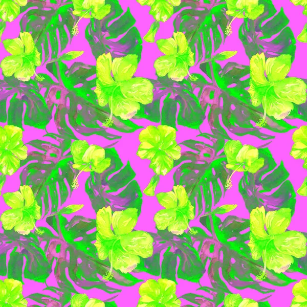  Watercolor Seamless Pattern. Hand Painted Illustration of Tropical Leaves and Flowers.Tropic Summer Motif with Hawaiian Flowers 