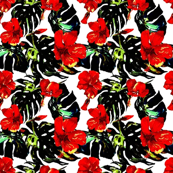 Patrón sin costura de acuarela. Ilustración pintada a mano de hojas y flores tropicales. Motivo tropical de verano con flores hawaianas —  Fotos de Stock